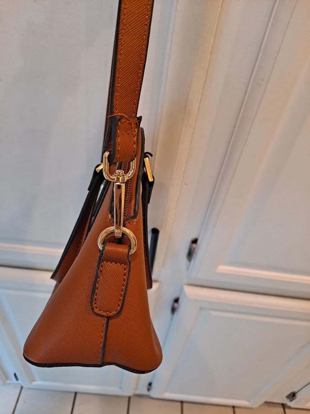 Lovevook Structured Tan Dome Satchel Saffiano Vegan Handbag with Gold Hardware